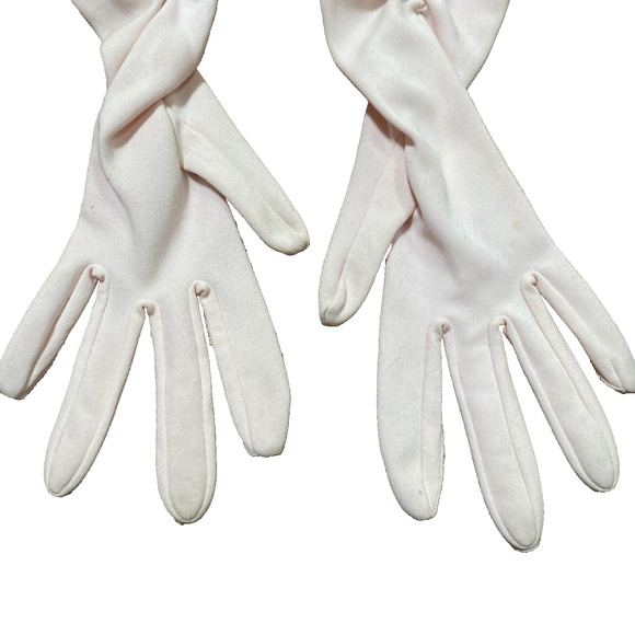 Vintage Light Pale PINK Cotton Formal Gloves Below Elbow Ruched Elastic Details - Picture 5 of 7